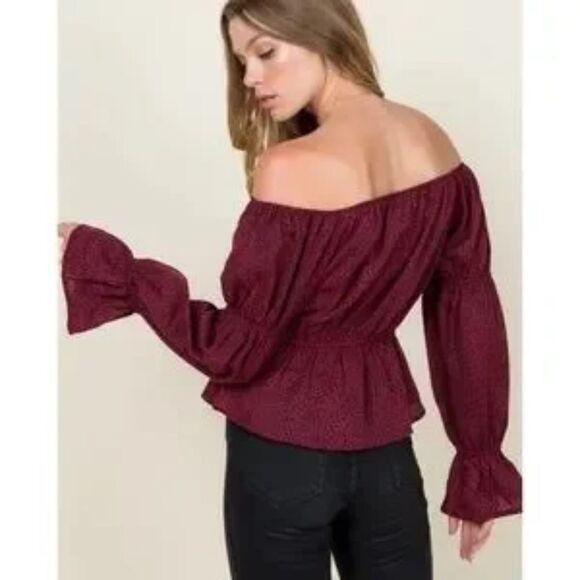 Leopard Animal Printed Off Shoulder Top Burgundy Size Large - Picture 2 of 3